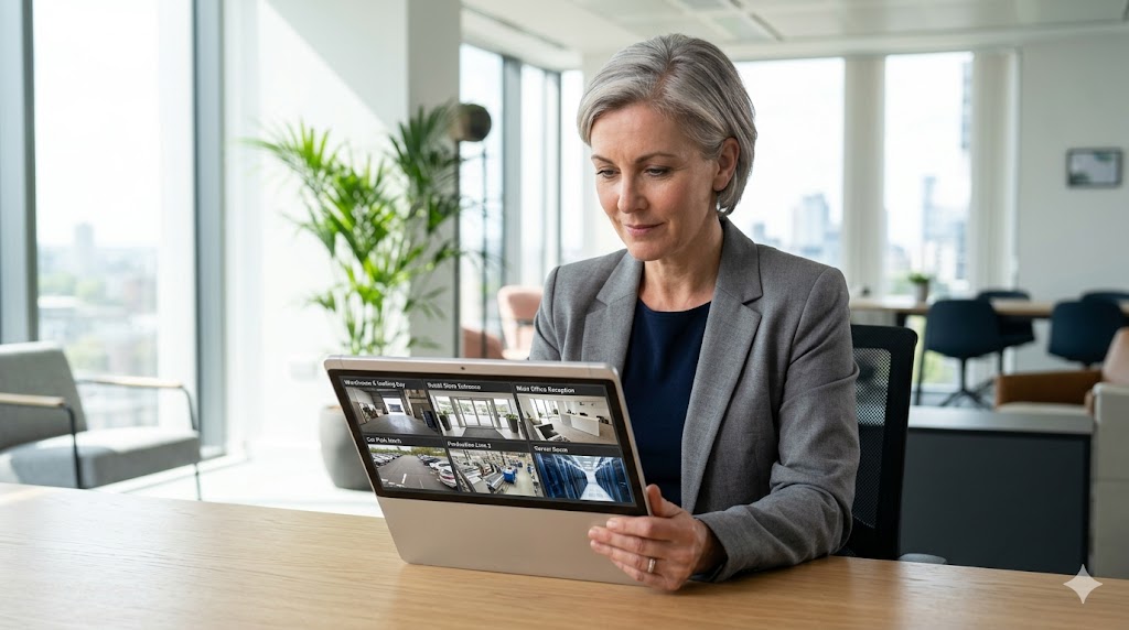 Business owner viewing centralised security dashboard with multi-site camera feeds